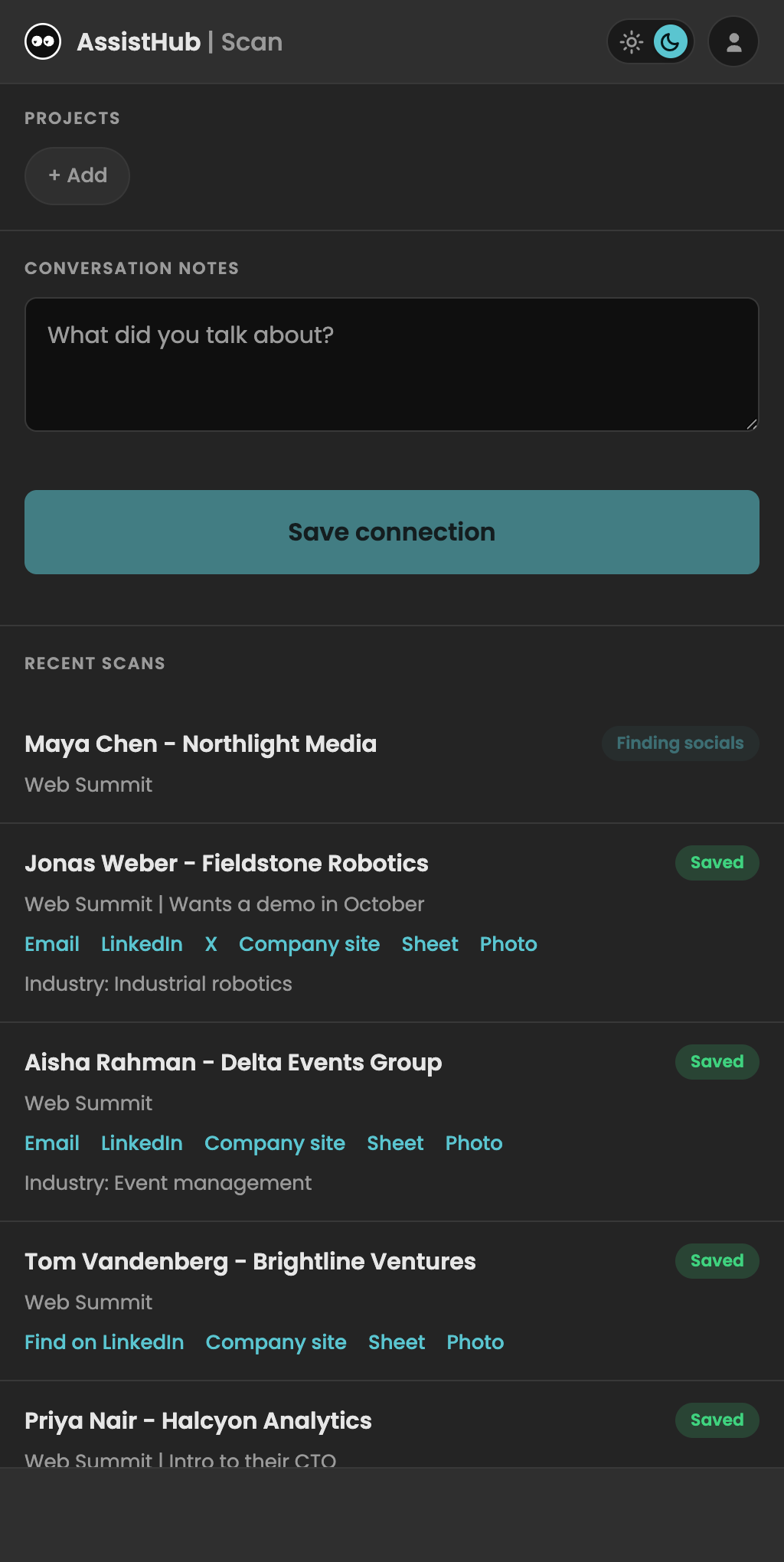 AssistHub badge scanner: captured contacts with Email, LinkedIn, company site and Drive links found automatically