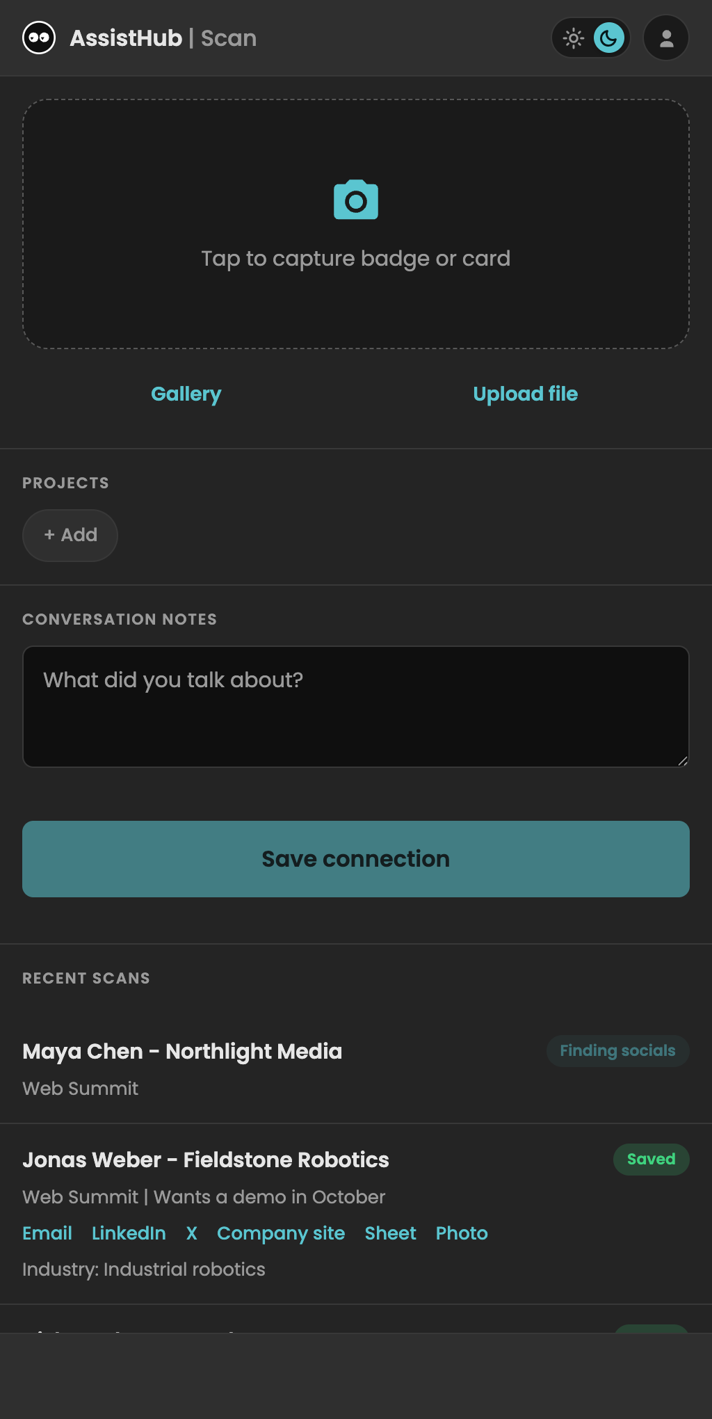 AssistHub badge scanner on a phone, showing demo contacts being captured and enriched