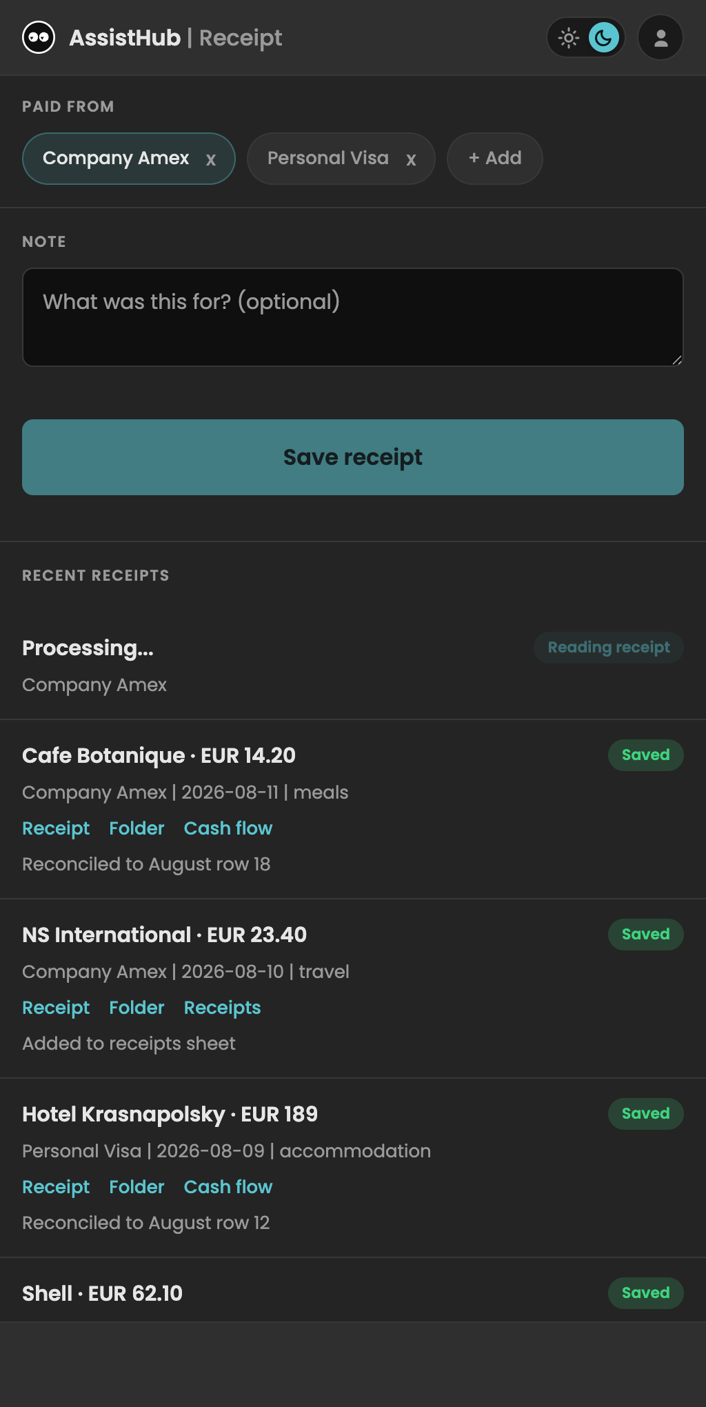 AssistHub receipt scanner: receipts with vendor, amount, category and links to the filed receipt and cash-flow sheet